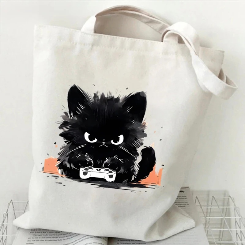 Anime Black Cat Print Canvas B - Anime Tote Bag ulasan dan harga